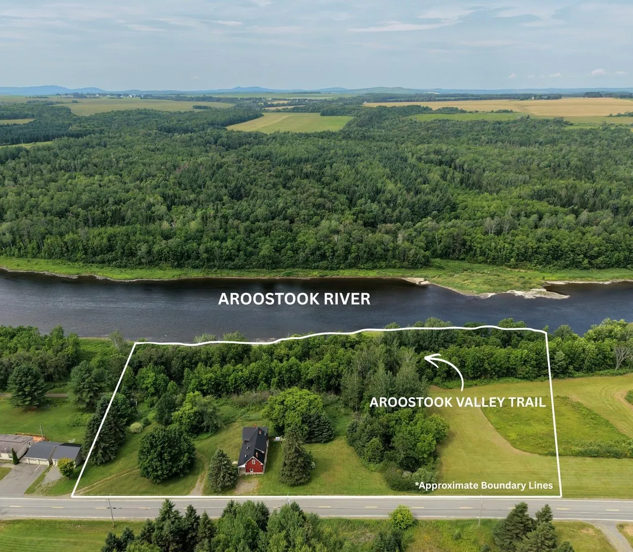 Aerial with the Aroostook River and the Aroostook Valley Trail labelled across the property