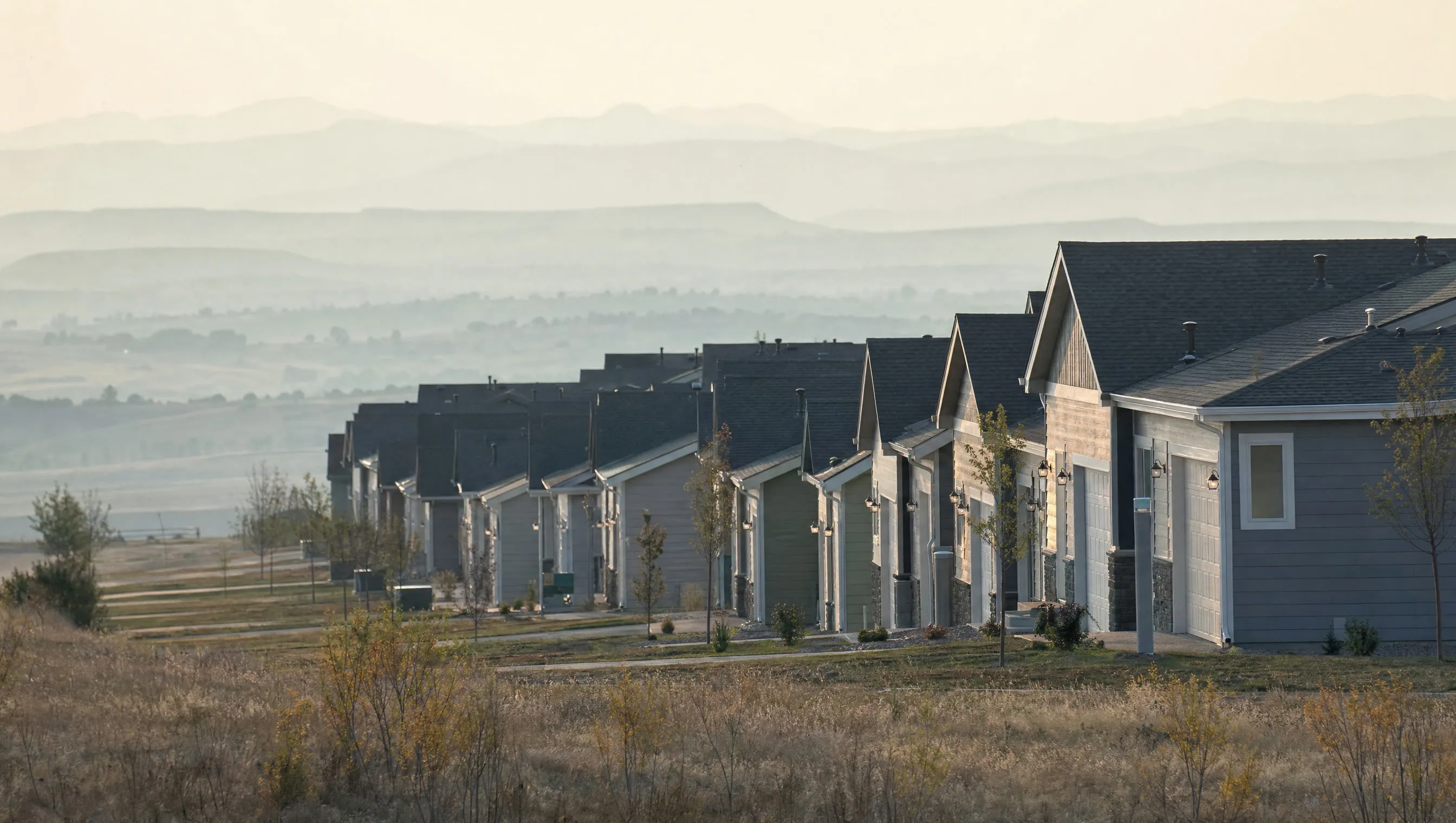 A row of nearly identical suburban houses receding into pale morning haze