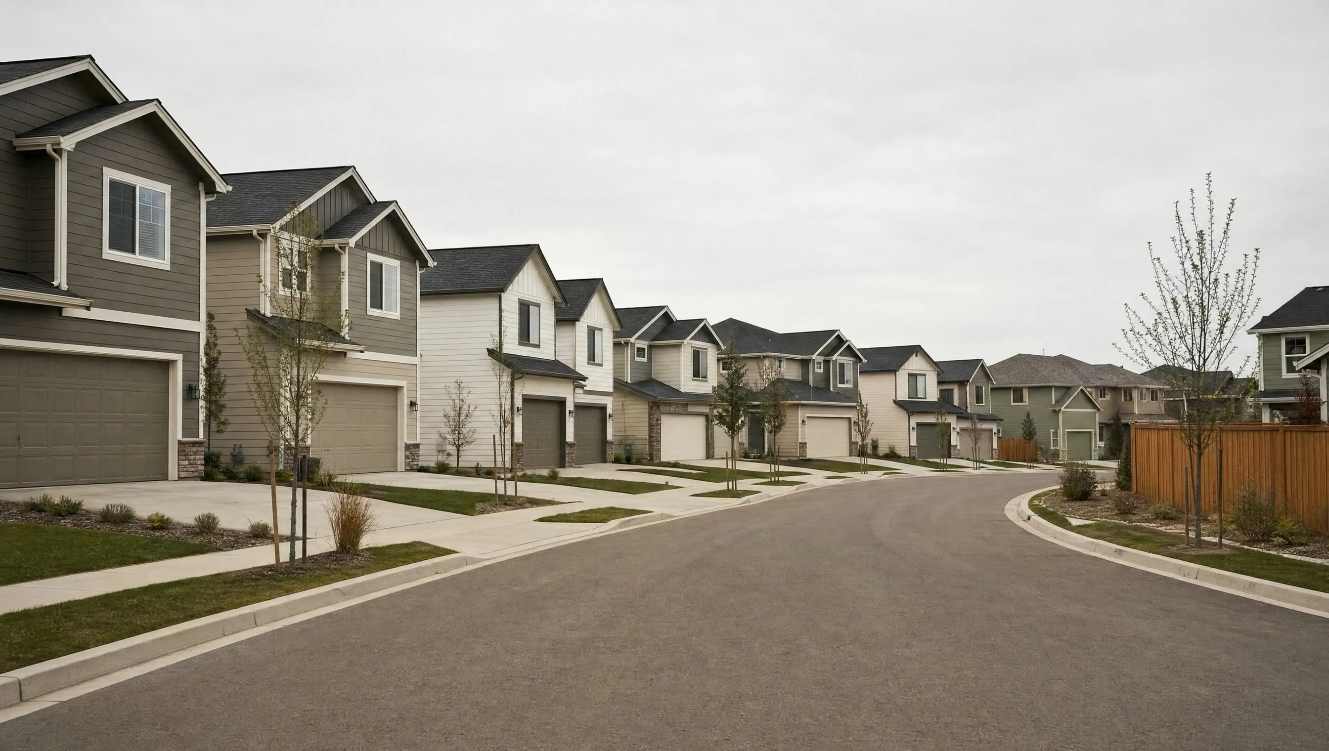 A newer subdivision of uniform two-story houses under flat light