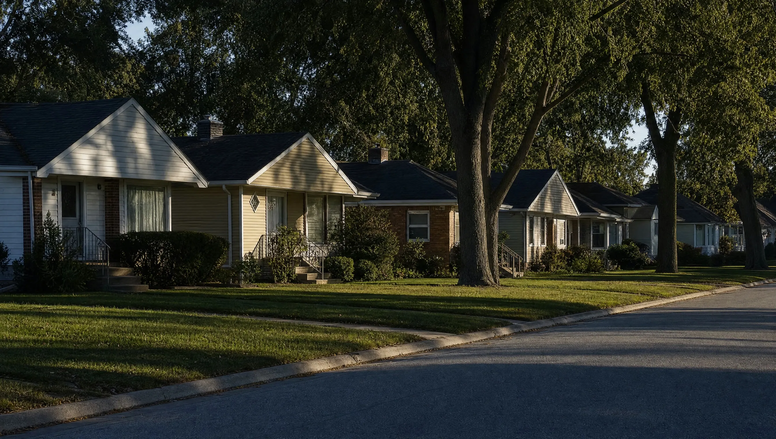 A suburban street of modest homes under mature trees in late afternoon