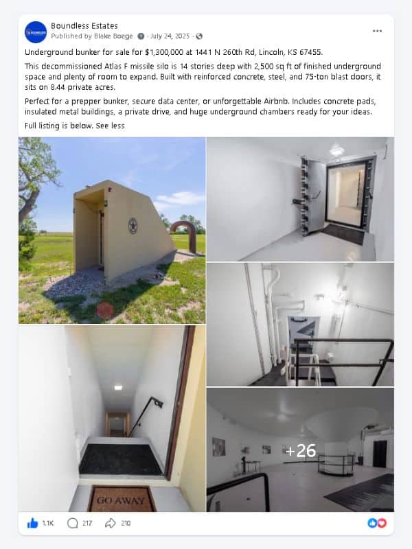 Facebook post for Underground Atlas F silo on 8.44 acres, Lincoln, Kansas: 1.1K reactions, 217 comments, 210 shares