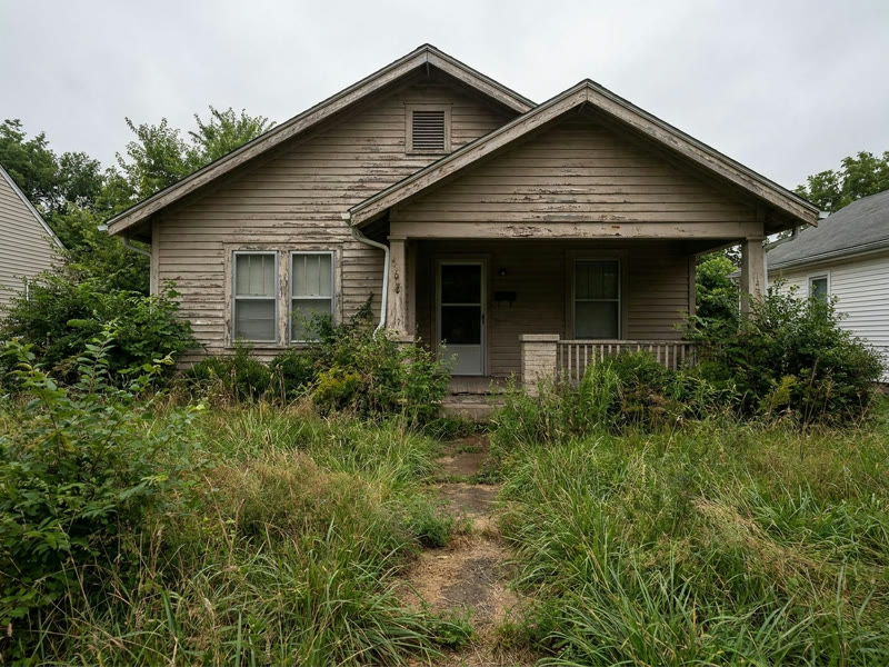 Modest house with an unkempt, overgrown front yard