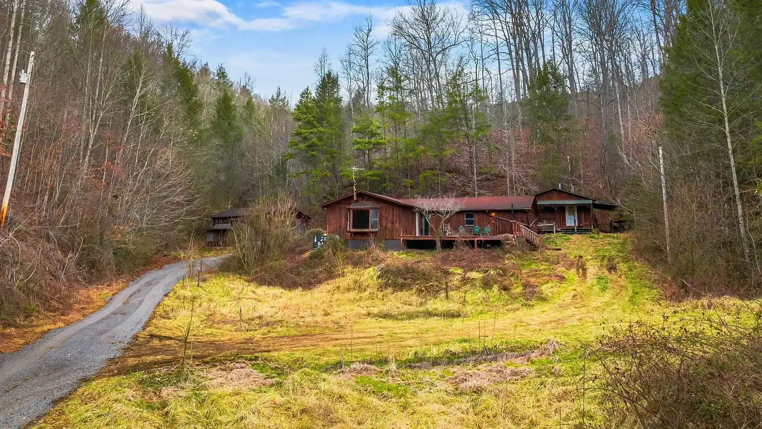 Log Cabin for Sale in Cosby Tennessee on 50 Acres with Pond, Cabins, and Mountain Views 3099 Mica Way, Cosby, TN 37722 Scottie Hooper realtor Cosby Tennessee